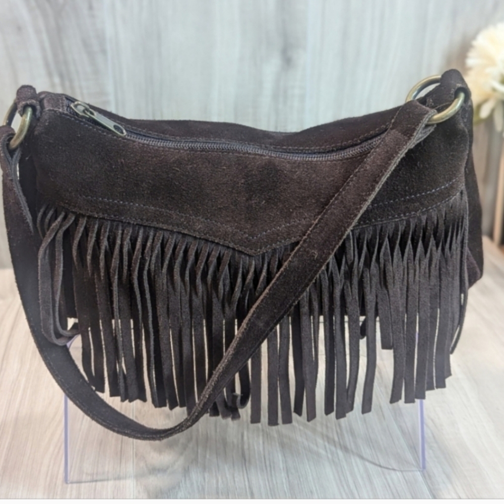 Vintage Suede Leather Fringe Hobo Purse Brown Western Y2K